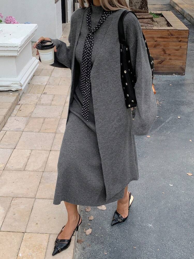 Women's Casual Solid Color Cardigan, Knit Turtleneck Vest And Skirt Set, Autumn/Winter