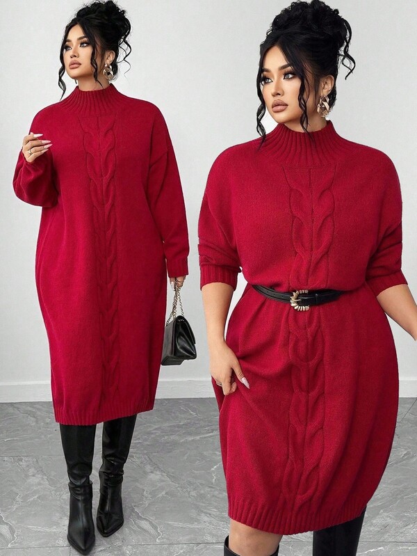 Elenzga Christmas Plus Size Thick Knitted Long Dress, Loose Solid Color Sweater Dress With Drawstring