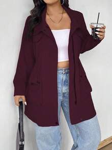 EMERY ROSE 大码连帽收腰长袖夹克，带口袋 - 酒紅色 - 查看 3