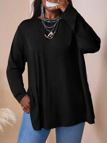 SHEIN CURVE+ Áo thun dáng rộng tay dài cổ tròn trễ vai nhiều màu sắc cỡ lớn, quần áo mùa hè cho nữ, mùa đông, đường cong PLUS - màu đen - Xem 5