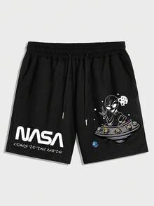 Manfinity Homme 宽松男式宇航员与字母图案抽绳腰短裤