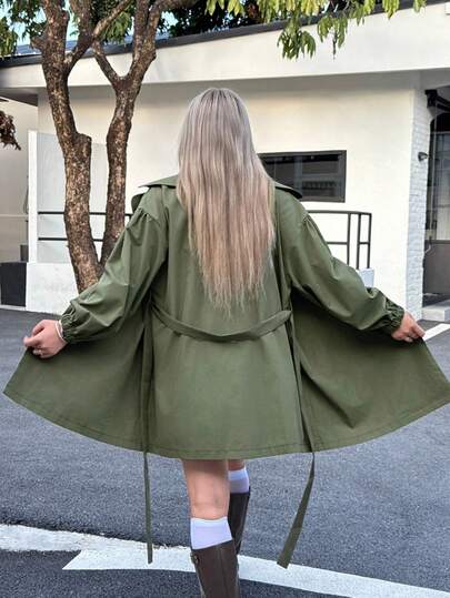 SHEIN EZwear 大码女式纯色翻领落肩长袖双排扣休闲风衣