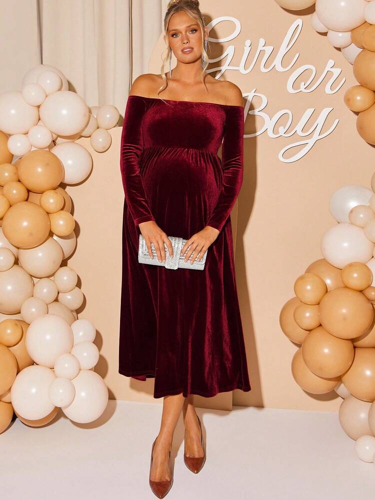 burgundy off shoulder maternity dress Loomaby Elegant Party Solid Color Off-Shoulder Maternity Dress