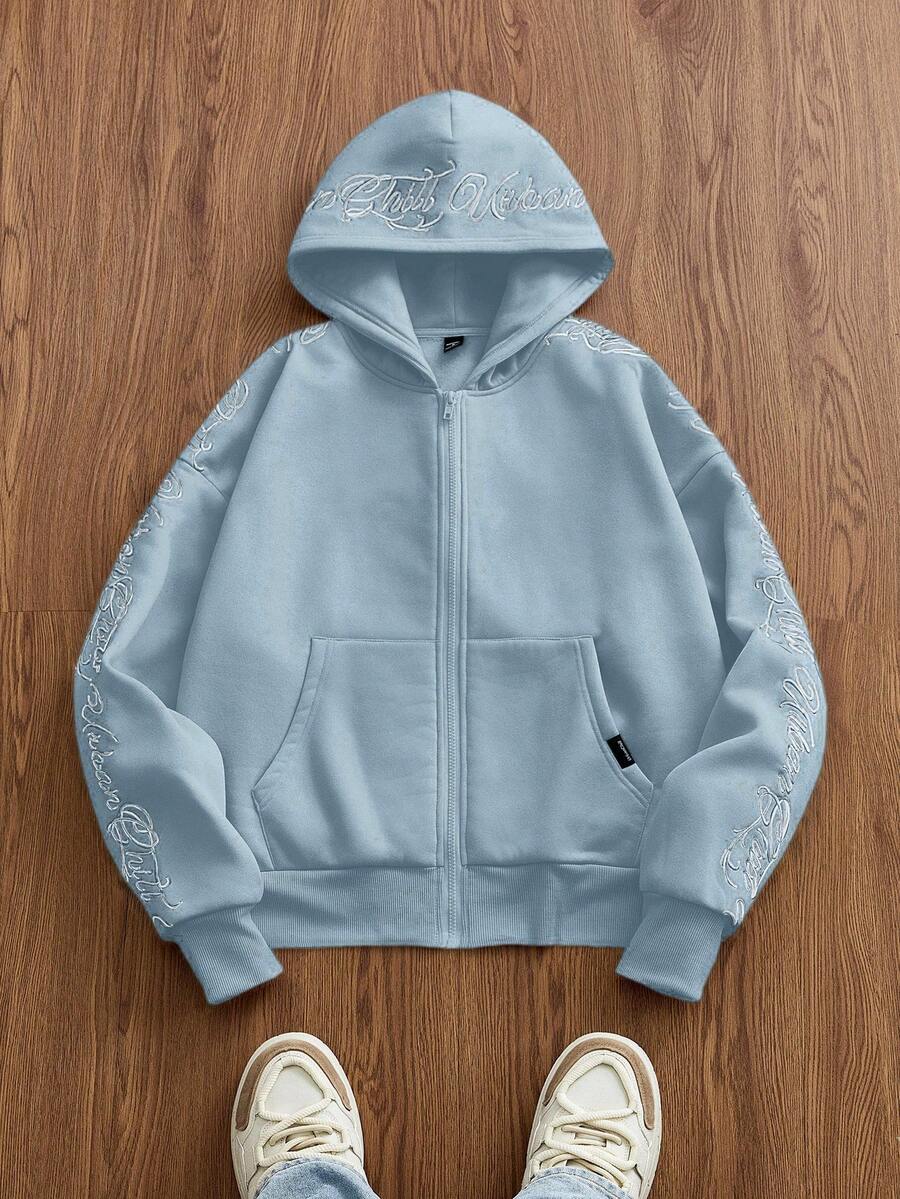 SWAVVY 男士针织休闲宽松英式刺绣长袖连帽衫，秋冬 - 霧霾藍 - 查看 1