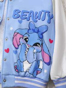 SHEIN Dziewczęca kurtka polarowa z kapturem, jednorzędowa, w swobodnym, sportowym stylu, z uroczym królikiem i nadrukiem liter, w kontrastowym kolorze, jesień/zima