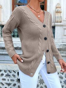 EURMUSE 女士休闲纯色开衫，春/秋 - 駝色 - 查看 3