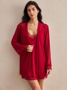 Charlaine Women's Contrast Lace Camisole Nightgown And Tie Waist Sheer Robe Set - Burgundy - View 4