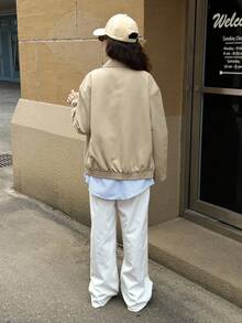 Women's Punk Style Lapel Zipper Leather Jacket, Autumn/Winter - Khaki - View 2