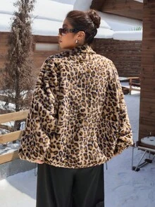 SHEIN EZwear 秋冬大码时尚豹纹仿皮草夹克 - 彩色 - 查看 8