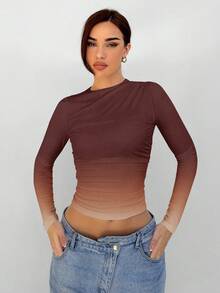 Aloruh Elegant Ladies Brown Gradient Print Round Neck Long Sleeve Versatile Autumn And Winter Bottoming Pullover T-Shirt,  Brown Long Sleeve Top - Brown - View 1