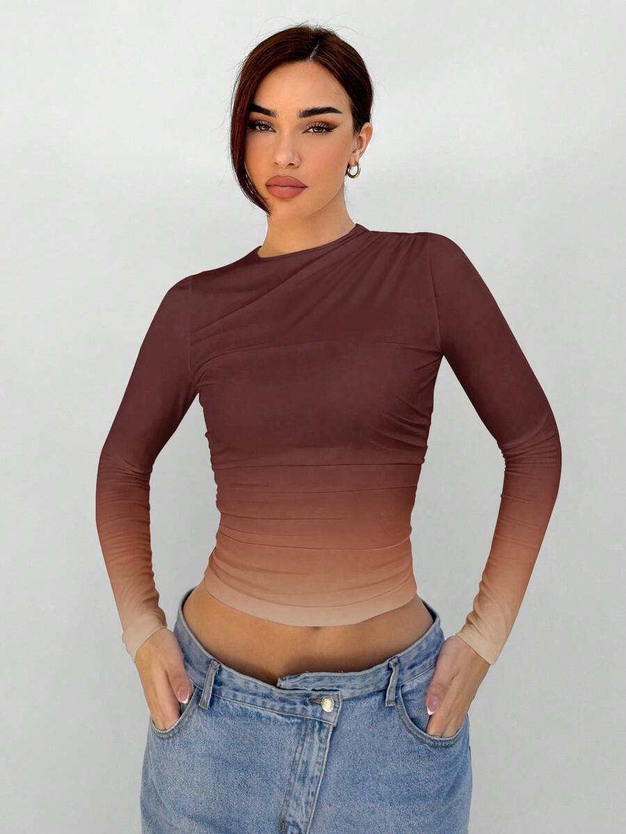 Aloruh Elegant Ladies Brown Gradient Print Round Neck Long Sleeve Versatile Autumn And Winter Bottoming Pullover T-Shirt,  Brown Long Sleeve Top - Brown - View 1