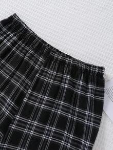 青少年男孩圆领黑色长袖上衣，带有“GAME OVER”图形印花，搭配宽松黑白格子长裤，舒适针织面料休闲睡衣套装 - 彩色 - 查看 6