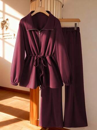 GlowEve Women's Basic High Collar Cinched Waist Zip-Up Casual 2 Pieces Set