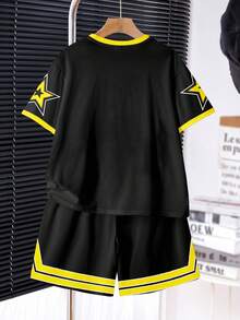 SHEIN Bộ 2 áo thun cổ tròn tay ngắn in họa tiết ngôi sao và quần short phong cách thể thao bóng chày cổ điển dành cho bé trai tuổi teen, số 88, chữ Gothic Chicago, thích hợp cho mùa hè - Nhiều màu - Xem 3