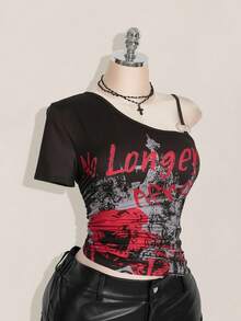 SHEIN ICON Plus Size Women Y2k Going Out Dragon Print Asymmetrical Neckline Short Sleeve Fashionable T-Shirt,Everyday Wear - Multicolor - View 7