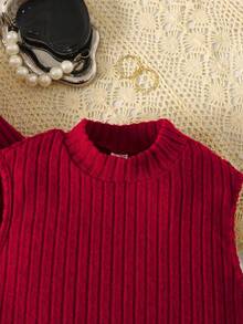 SHEIN Teen Girls' Burgundy Ribbed Knit Bow & Pearl Decor Long Sleeve Cardigan & Bodycon Mini Dress 2-Piece Set, For Party, Commute, Christmas - Burgundy - View 4