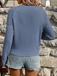 EMERY ROSE Vacation Casual Solid Color Hollow-Out Knit Sweater Everyday Dusty Blue Autumn - Dusty Blue - View 2