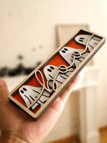 1Pc Halloween Ghost Boo Wooden Table Sign – Cute Black And White Ghost Figurine, Rustic Halloween Desktop Decor, Spooky Tiered Tray Decoration For Home, Office, Party - Multicolor - View 3