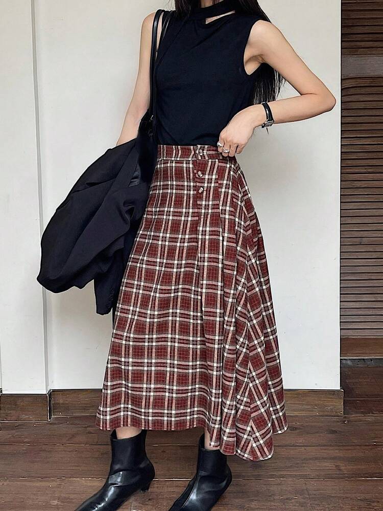 Casual Style Rivet Button A-Line Women's Skirt, Autumn Winter Women Skirts