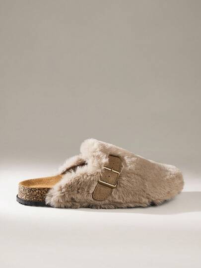 Solecia 女士秋冬新款轻便舒适绒面保暖闭趾平底拖鞋复古可爱仙女休闲风百搭懒人拖鞋室内外皆宜