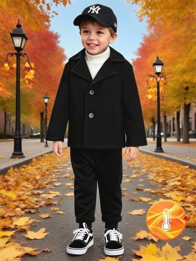 SHEIN 1pc Young Boy Kids Casual Solid Black Long Sleeve Outerwear Coat, Regular Fit, New Autumn/Winter Back To School Fall