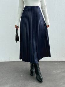 EURMUSE High Waist Pleated Skirt Without Belt - Navy Blue - View 5