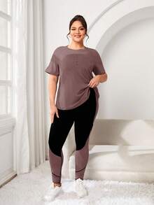 Rhythm Era Plus Size Women's Round Neck Raglan Sleeve Casual Summer Short Sleeve Top And Slim Fit Contrast Color Pants Set Plus Size Activewear Set Plus Size Workout Set Curve Activewear Set Active Legging Set Short Sleeve Workout Set Plus Active Wear Set Plus Activewear Set Yoga Set Activewear Legging Set Brown Activewear Set - Multicolor - View 4