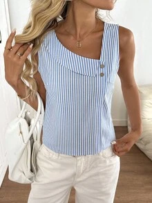 Easowa Women Asymmetrical Collar Button Decor Blue And White Striped Casual Vacation Sleeveless Shirt For Summer