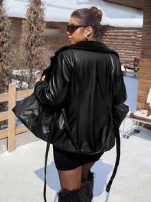 SHEIN EZwear Áo khoác cổ lông PU màu trơn cỡ lớn thường ngày, mùa thu/đông - màu đen - Xem 10