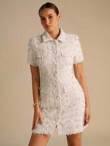 Enchnt Off-White Elegant Women's Single-Breasted Tweed Short Dress,Autumn Fringe Short Sleeve Fashionable Outfits,Chic For Date&Tea Party&Commuting - Beige - View 5