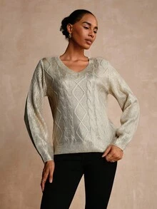 Vesra 春秋亮面金属菱格纹宽松V领针织套头衫