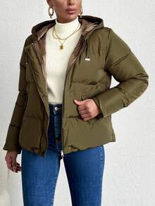 RueChic Zip Up Drawstring Hooded Puffer Coat - Dark Green - View 6