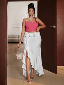 Maweii Plus Size Elastic Waist Double Layer Ruffle Hem Slit Skirt Fall Cloth For Women - White - View 5