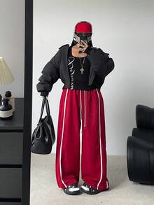 POPSWAY Plus Size Fashionable Casual Sports Cargo Pants - Burgundy - View 3