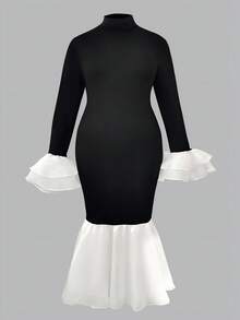 INAWLY Plus Size Color Block Stand Collar Ruffle Hem Fitted Long Sleeve Dress - Black - View 5