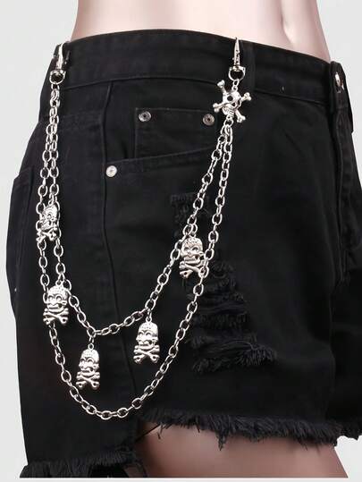 Goth Cadena de cintura de metal punk con colgante de calavera de estilo hip hop multicapa para mujer, cadena de cintura Y2k