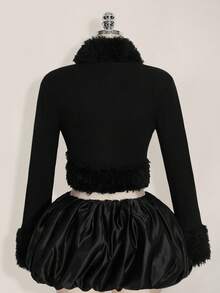 SHEIN ICON Plus Size Solid Fuzzy Trim Open Front Crop Fall Clothes Women Jacket/ Winter - Black - View 2