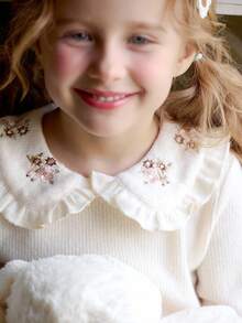 Vintaside Kids 2 pièces/Set Top à manches longues et pantalon avec broderie florale décontractée pour filles, convient pour le printemps, l'automne, l'hiver, la maison, les voyages, le port quotidien - Nude - Voir 5