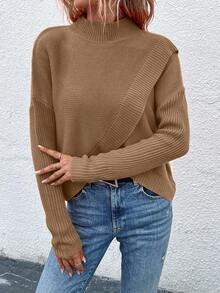 EMERY ROSE Sweater Pullover Kasual Lengan Panjang Kerah Tegak Bahu Longgar Warna Polos untuk Wanita, Musim Gugur/Dingin - Unta - View 5