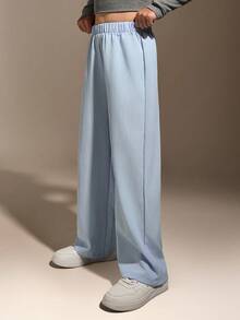 Hanevo Tween Girl 1pc Textured Fabric White Casual Comfortable Long Pants, Summer New Arrival - Mint Blue - View 1