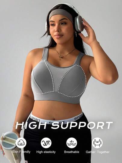 Rhythm Era Plus Size High Impact Sports Bra With Fixed Cups, Mesh Splice, Adjustable Straps, Supportive Activewear Underwear Workout