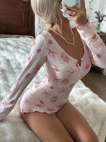 CottageSlumber 女士粉色针织提花玫瑰蝴蝶结图案浪漫连体睡衣，适合秋冬季穿着 - 粉色 - 查看 7