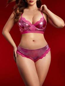 2pcs Coated Glossy Reflective Lace Patchwork Floral Lace Sexy Charming Sparkling Magenta Alluring Punk Club Outfit Party Music Festival Women Lingerie Set Plus Size Bra And Panty Set Plus Size Lingerie 2 Piece Set Curve Lingerie Set Underwire Lingerie Set Bra And Panty Set Curve