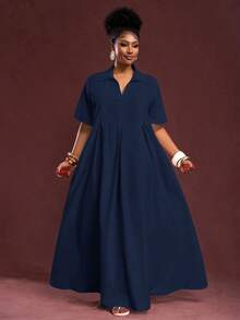 Slaydiva 2025 Spring/Summer New Arrival Vacation & Commute & Casual White Loose Short Sleeve V-Neck Pleated A-Line Maxi Shirt Dress For Plus Size Women