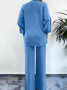 EURMUSE 2Pcs/Set Solid Color Stand Collar Long Sleeve Sweater Top And Pants Set,Petite,Winter Clothes - Blue - View 2