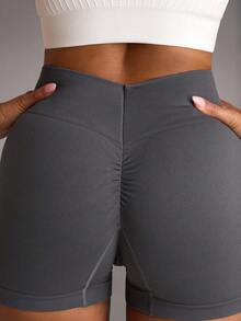 SHEIN BAE Women's Sports Shorts With Ruched Waist, Sexy Lifting, Yoga & Fitness Elastic & ComfortableWomen Sweat Short, Gym Short, Biker Short - Dark Grey - View 4