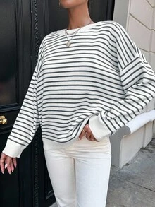 EURMUSE Women's Stripe Drop Shoulder Sweater - Grey - View 5