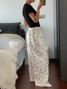 DAZY 2 pièces Ensemble de pyjama femme avec pantalon ample à imprimé fraise et haut à manches courtes de couleur unie