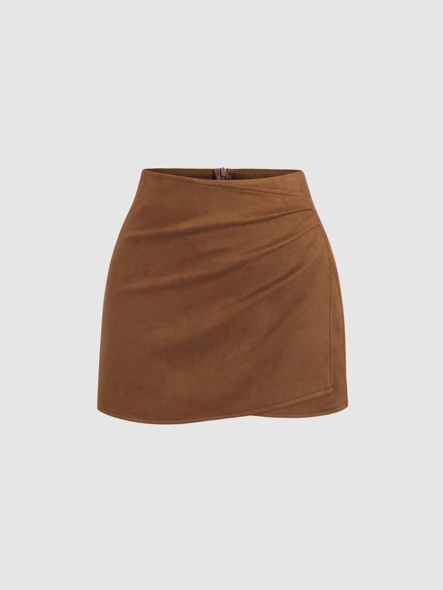 Sweetra Petite Váy ngắn xếp ly chữ A chất liệu da lộn màu Melaed Thu/Đông dành cho nữ dáng nhỏ nhắn - màu nâu - Xem 1