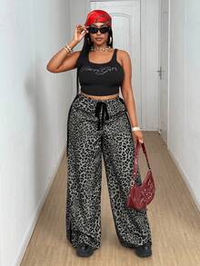 Maweii 大码女式豹纹撞色饰边腰带蝴蝶结直筒休闲裤，时尚设计，百搭，2025 年新品 - 彩色 - 查看 5